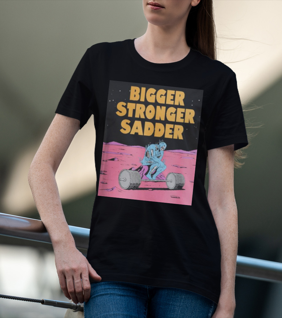 Bigger Stronger Sadder Raskol Skeleton Lifting Weights On Alien Landscape T-Shirt