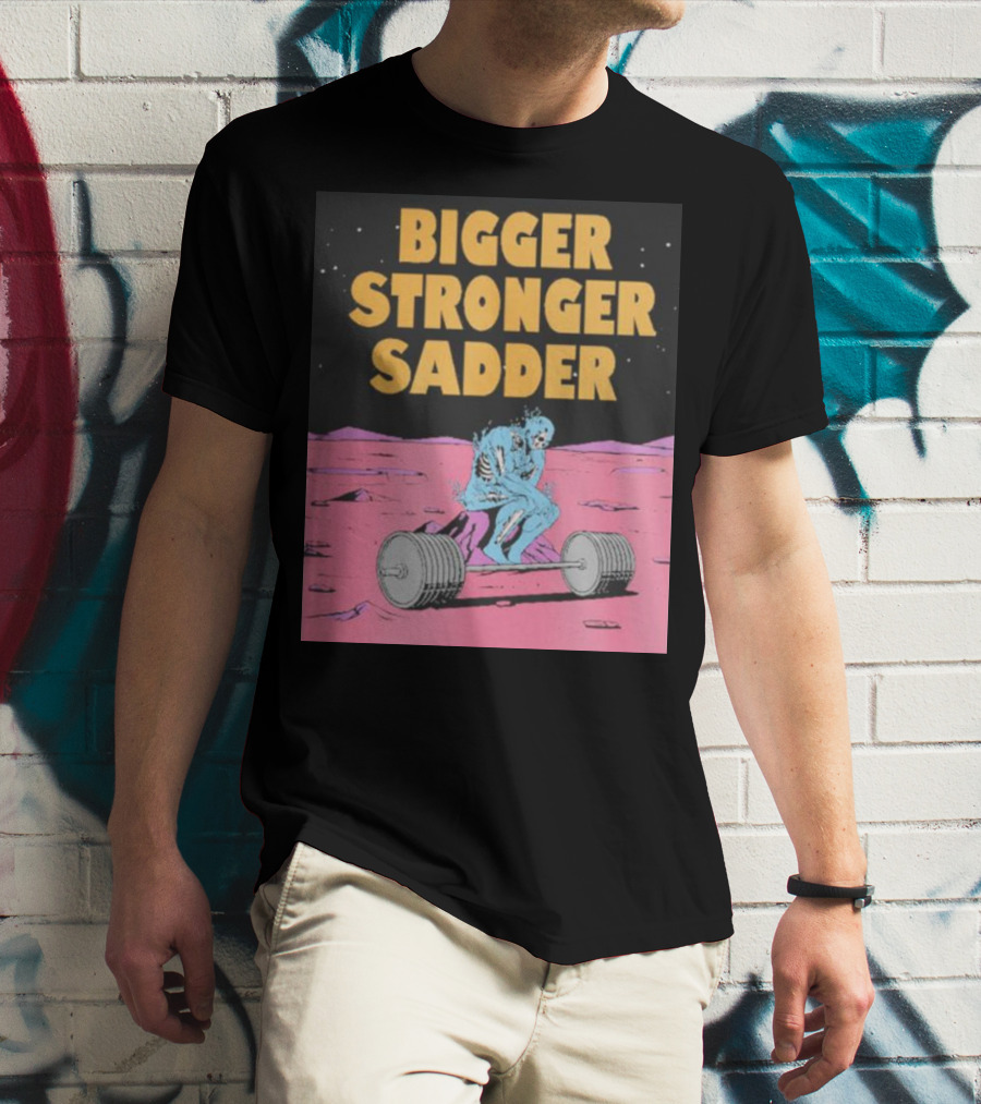 Bigger Stronger Sadder Raskol Skeleton Lifting Weights On Alien Landscape T-Shirt