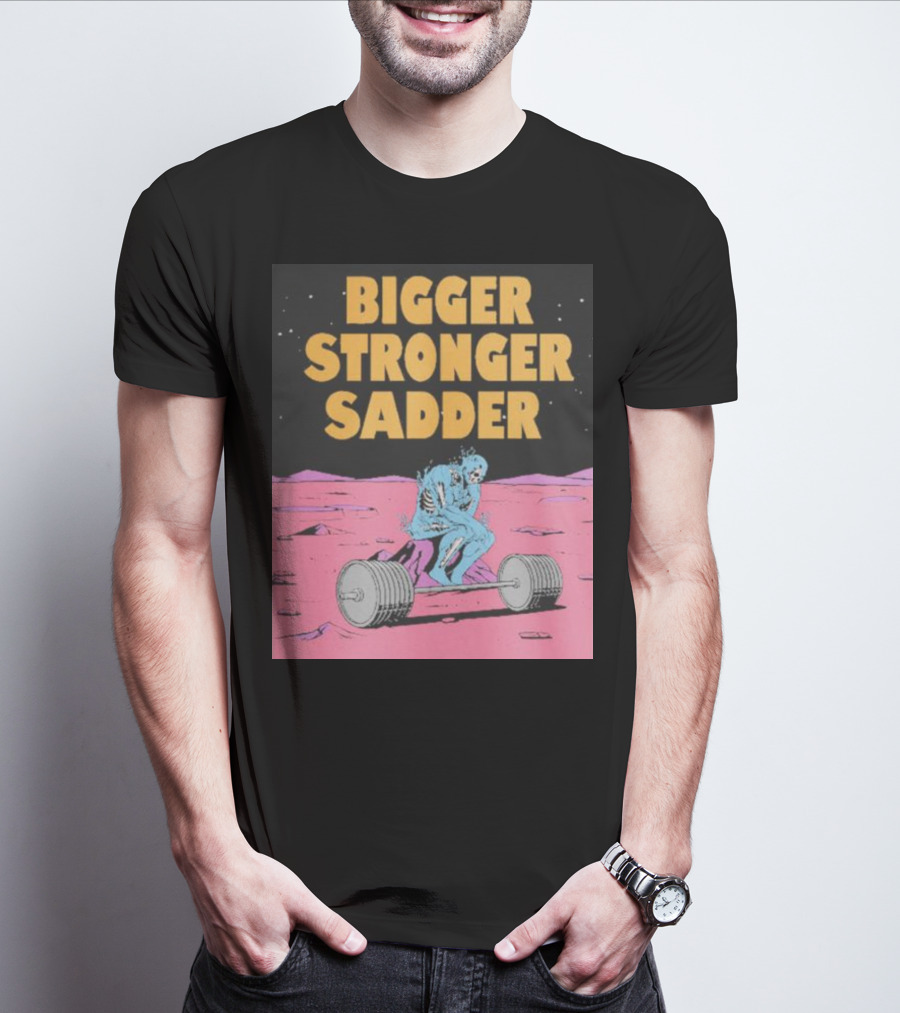 Bigger Stronger Sadder Raskol Skeleton Lifting Weights On Alien Landscape T-Shirt