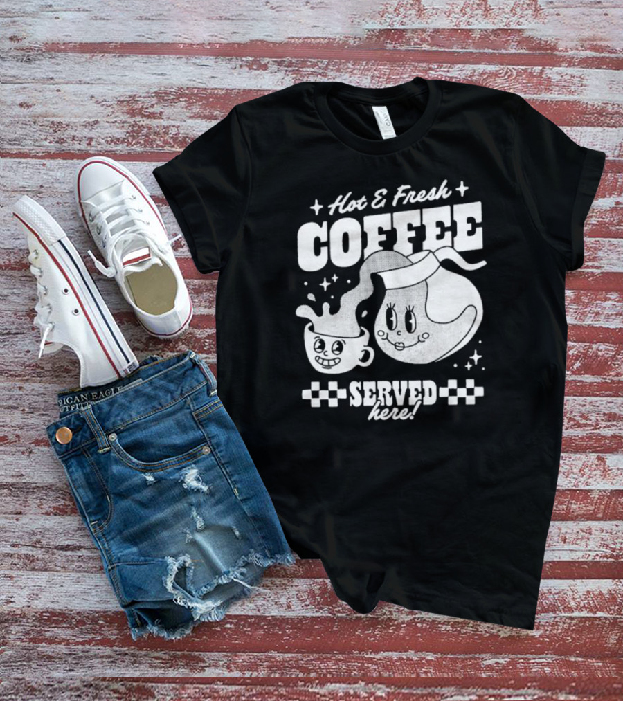 Hot And Fresh Coffee Served Here Retro Cartoon T-Shirt