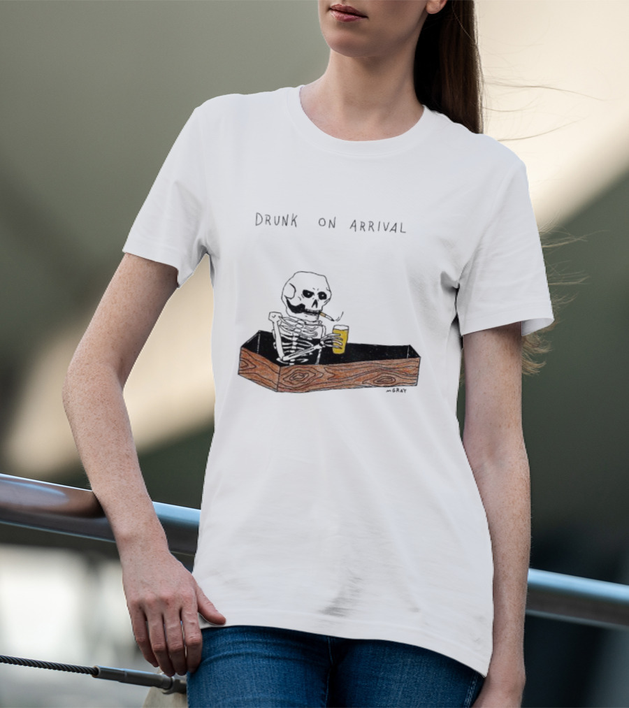 Skeleton Drunk On Arrival Coffin Bar By M.Gray T-Shirt