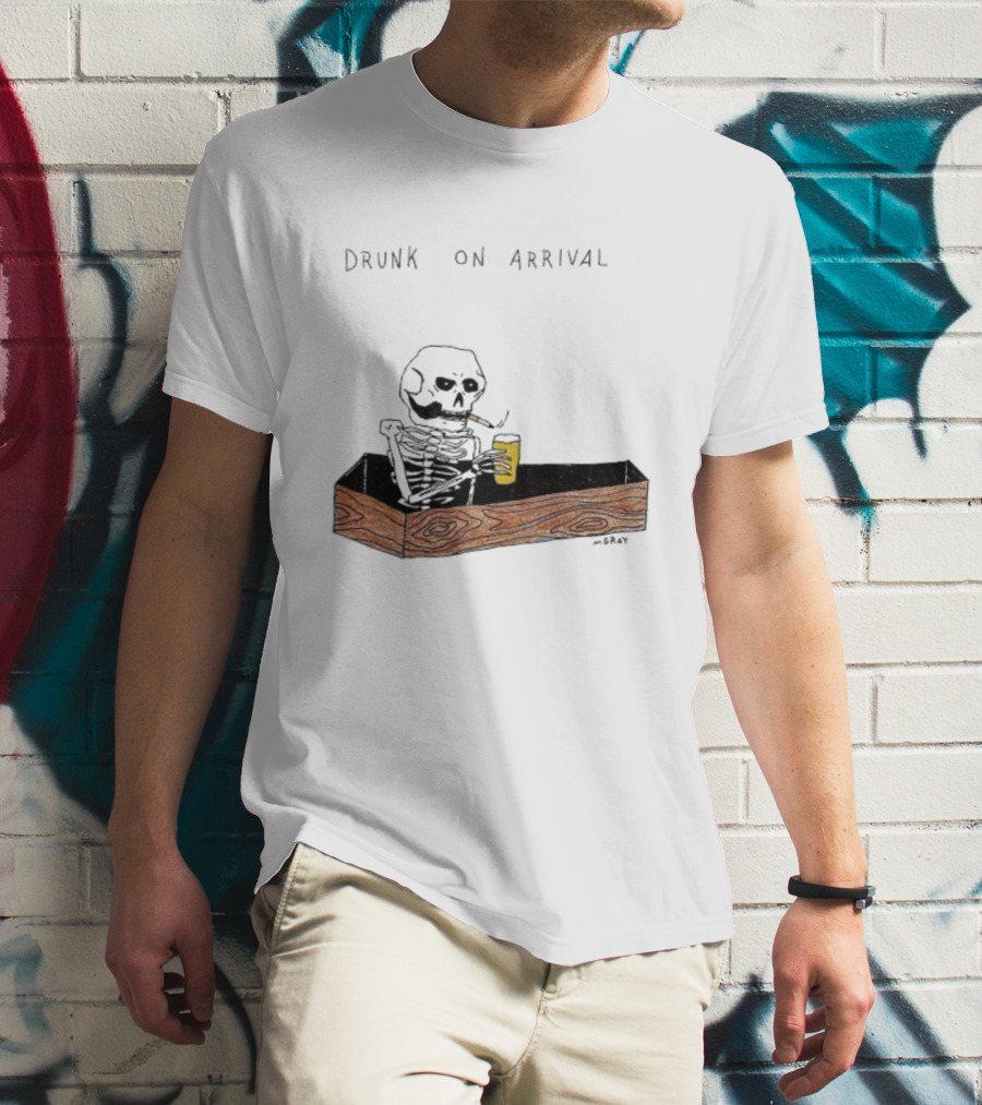 Skeleton Drunk On Arrival Coffin Bar By M.Gray T-Shirt
