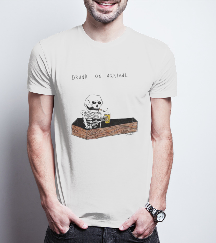 Skeleton Drunk On Arrival Coffin Bar By M.Gray T-Shirt