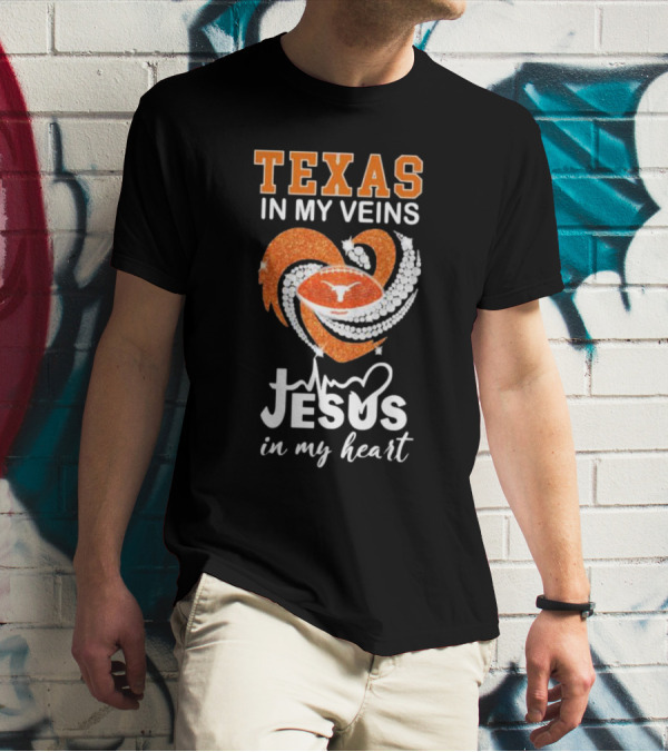 Texas In My Veins Jesus In My Heart Football Diamond T-Shirt