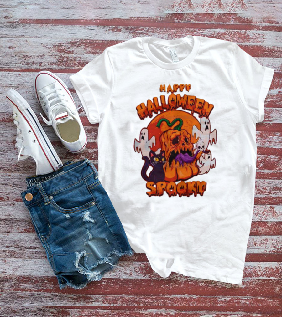 Happy Halloween Spooky Horror Pumpkin Ghosts Black Cat T-Shirt