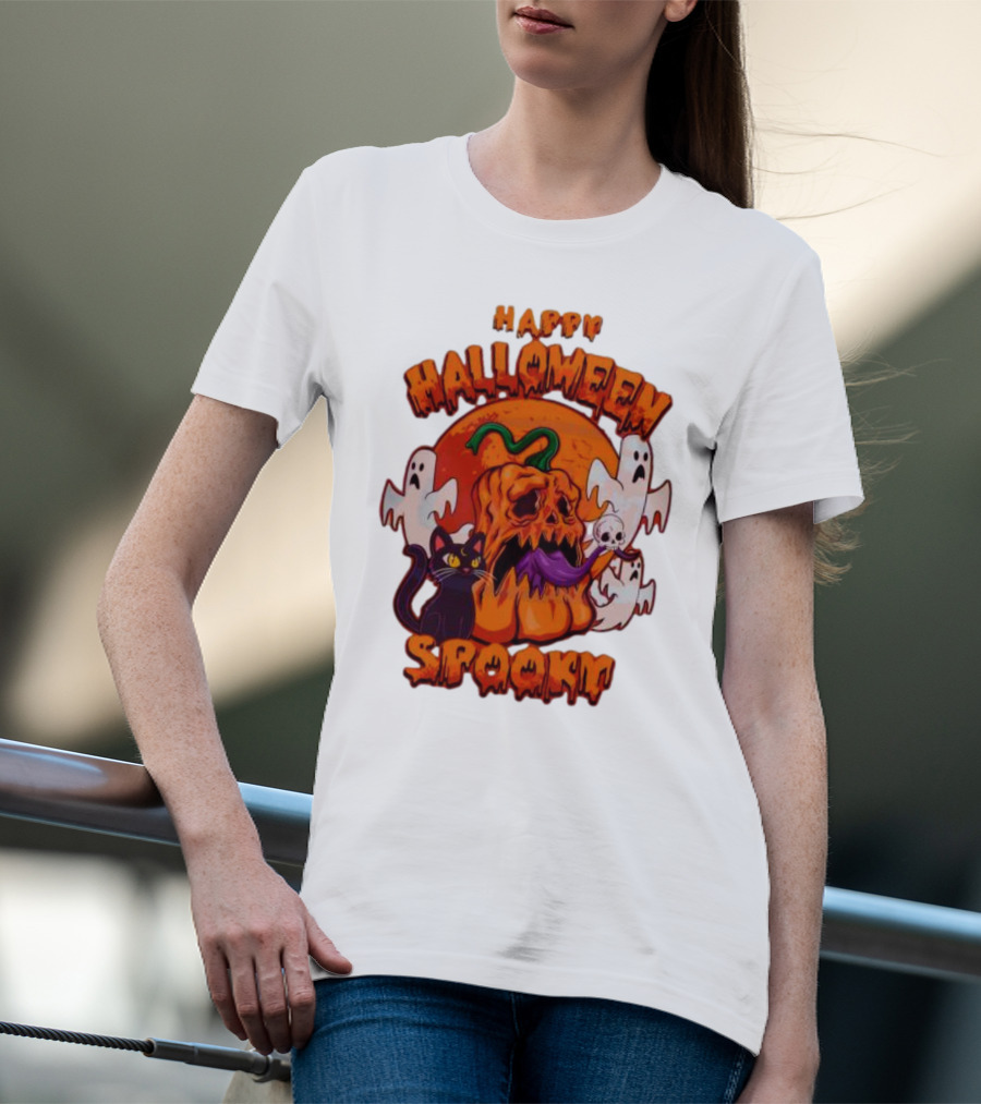 Happy Halloween Spooky Horror Pumpkin Ghosts Black Cat T-Shirt