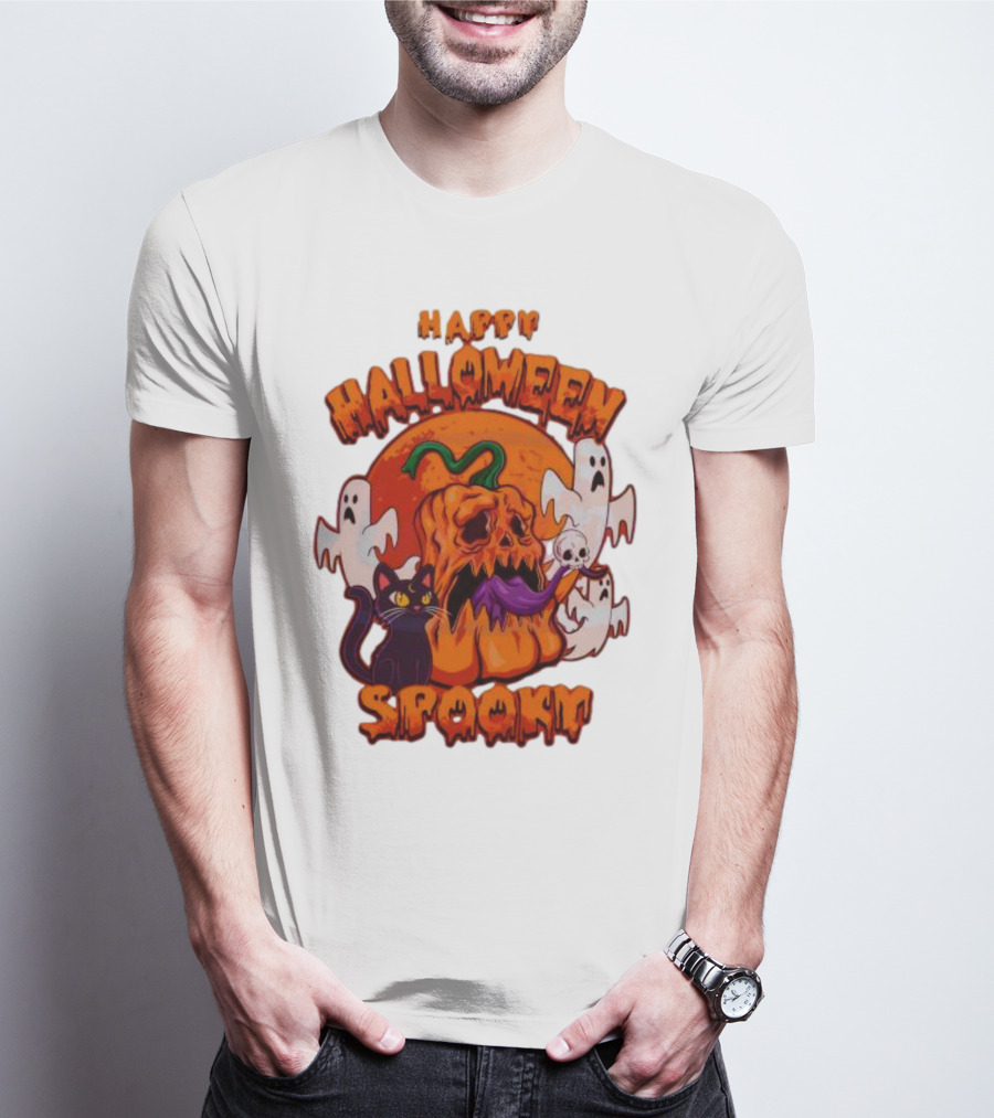 Happy Halloween Spooky Horror Pumpkin Ghosts Black Cat T-Shirt