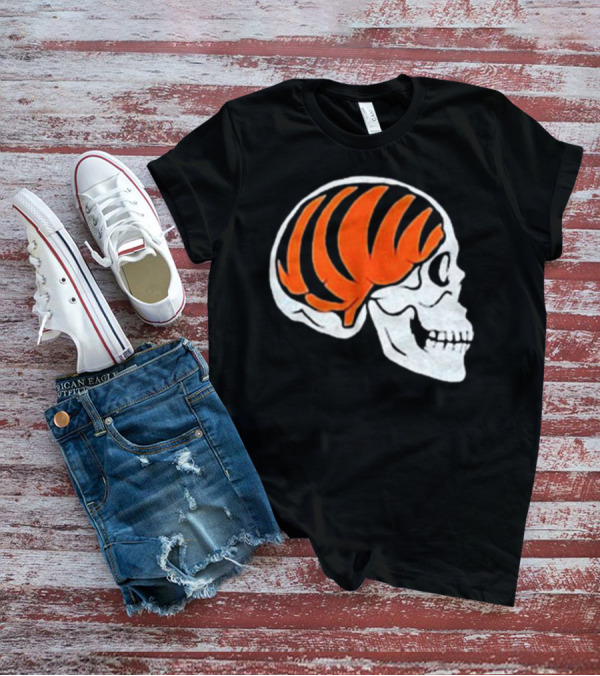 Goodberry Bengals Brain Skull With Orange Tiger Stripes T-Shirt
