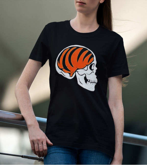 Goodberry Bengals Brain Skull With Orange Tiger Stripes T-Shirt