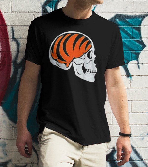 Goodberry Bengals Brain Skull With Orange Tiger Stripes T-Shirt