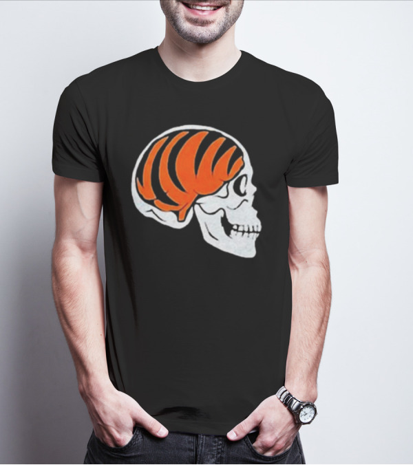 Goodberry Bengals Brain Skull With Orange Tiger Stripes T-Shirt