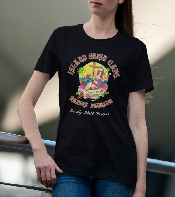 Island Gypsy Cafe Naples Florida Isles Of Capri Locally World Famous Bikini Girl Sunset T-Shirt