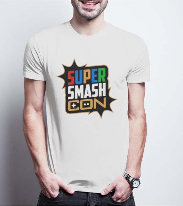 Super Smash Con Logo With Game Controller Icon Colors Burst T-Shirt