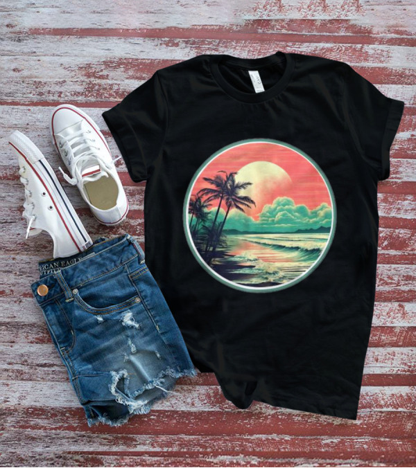 Tropical Ocean Moonscape Palms Waves Sunset Sky T-Shirt