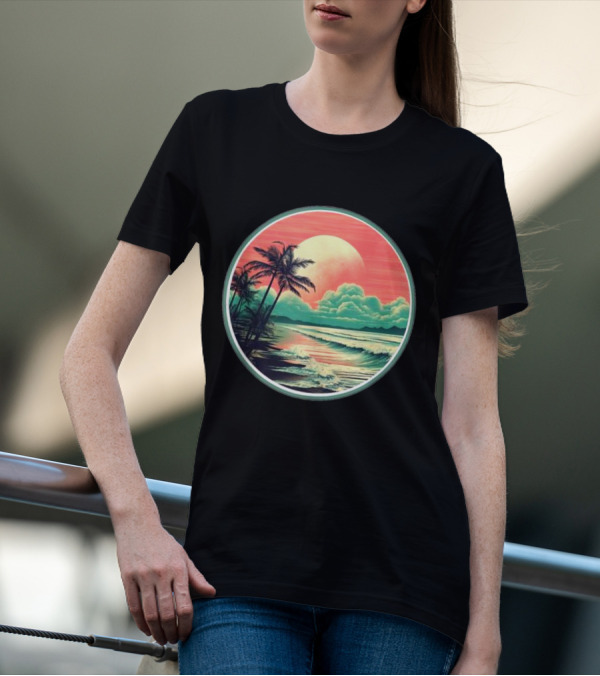 Tropical Ocean Moonscape Palms Waves Sunset Sky T-Shirt