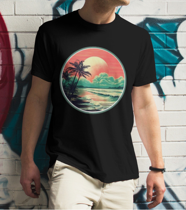 Tropical Ocean Moonscape Palms Waves Sunset Sky T-Shirt