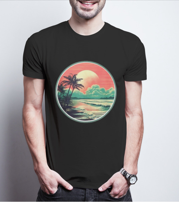Tropical Ocean Moonscape Palms Waves Sunset Sky T-Shirt