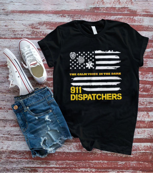 911 Dispatchers The Calm Voice In The Dark With Emergency Symbols And Distressed American Flag T-Shirt