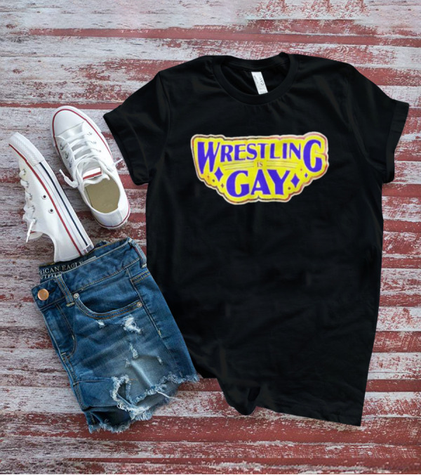 Wrestling Is Gay Emblem Bold Yellow And Purple Text T-Shirt