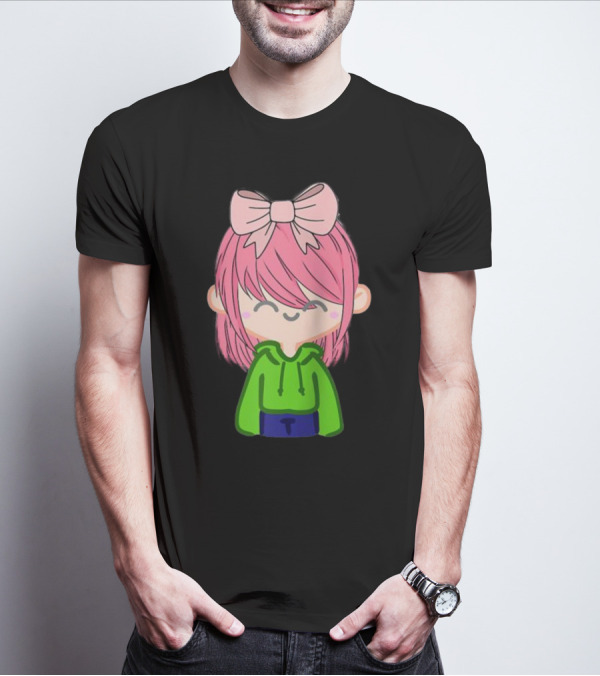 Alli Cat Pink Hair Girl Green Hoodie Bow Raglan Baseball T-Shirt