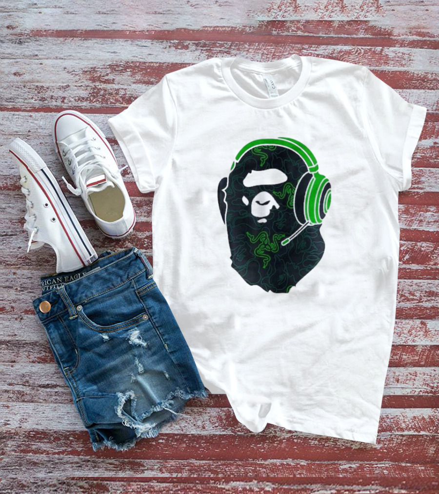 Bape X Razer Neon Camo Ape Head With Green Gaming Headset T-Shirt