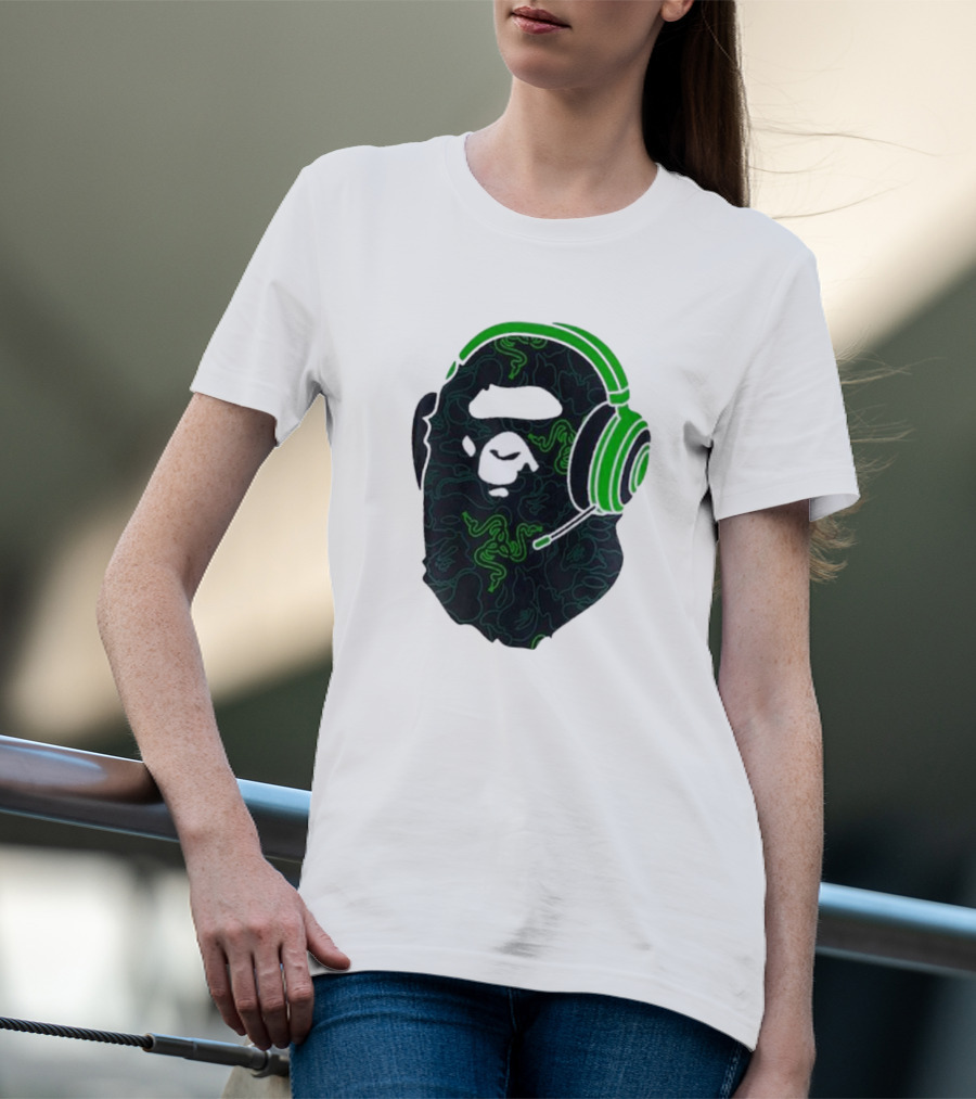 Bape X Razer Neon Camo Ape Head With Green Gaming Headset T-Shirt