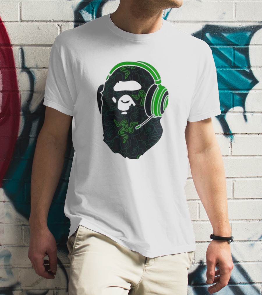 Bape X Razer Neon Camo Ape Head With Green Gaming Headset T-Shirt
