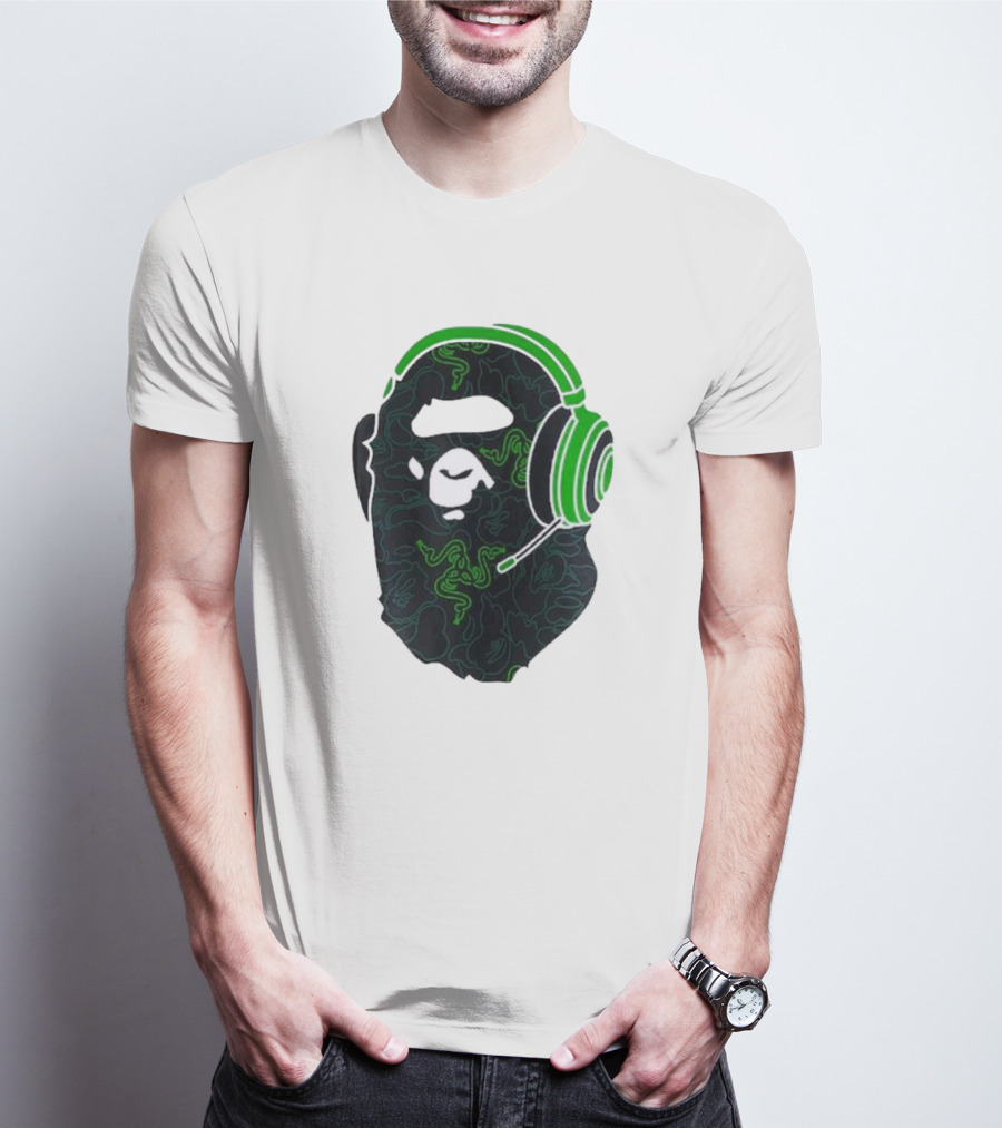 Bape X Razer Neon Camo Ape Head With Green Gaming Headset T-Shirt