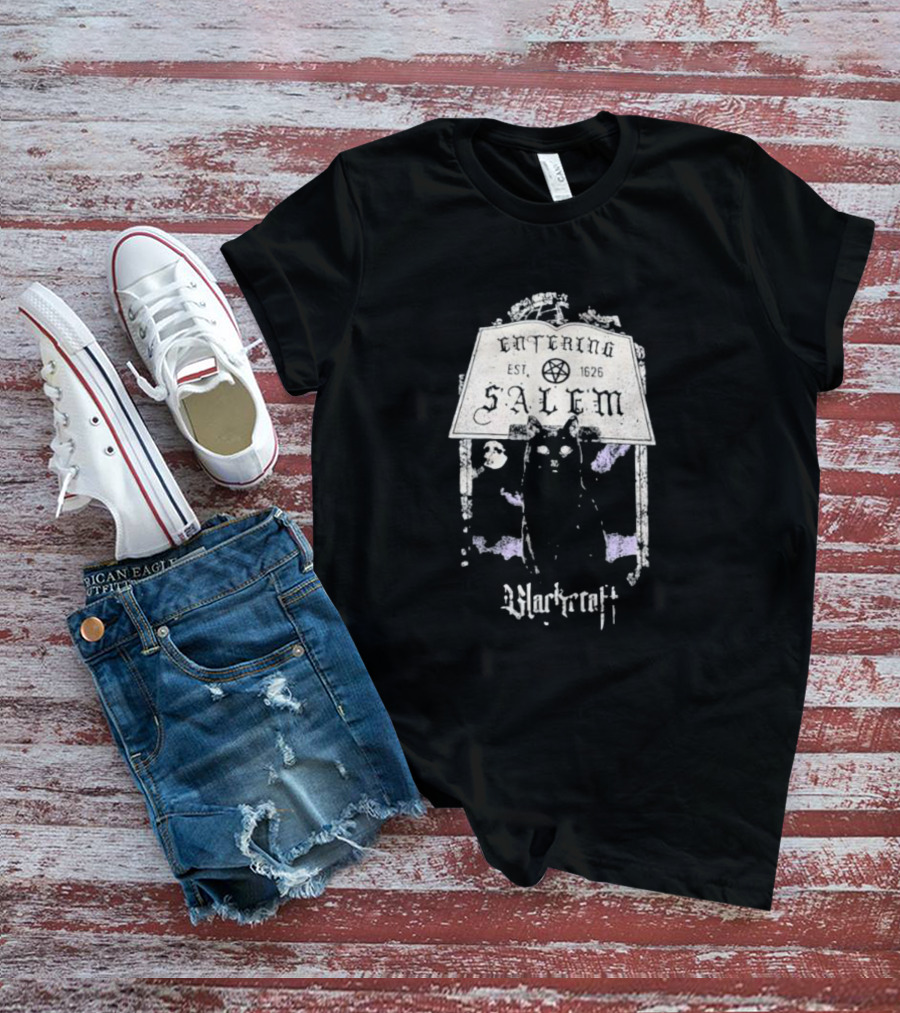 Entering Est 1626 Salem Blackcraft Cult Black Cat And Pentagram T-Shirt