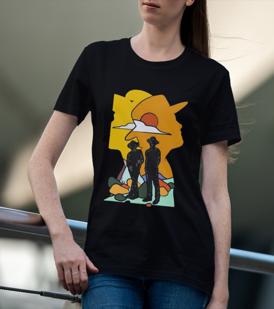 Custom Radio Company Cowboy Silhouettes Against Sunset And Mountains T-Shirt