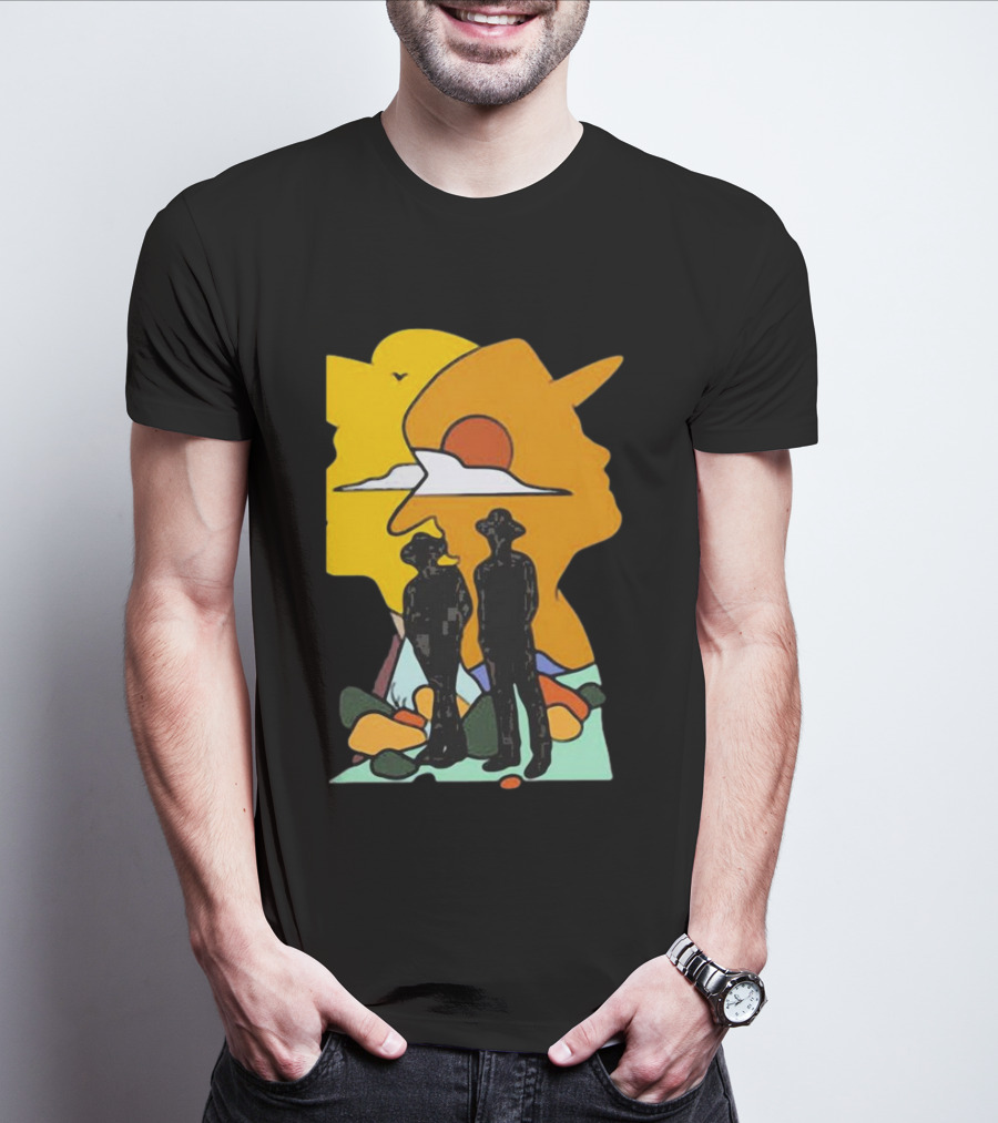 Custom Radio Company Cowboy Silhouettes Against Sunset And Mountains T-Shirt