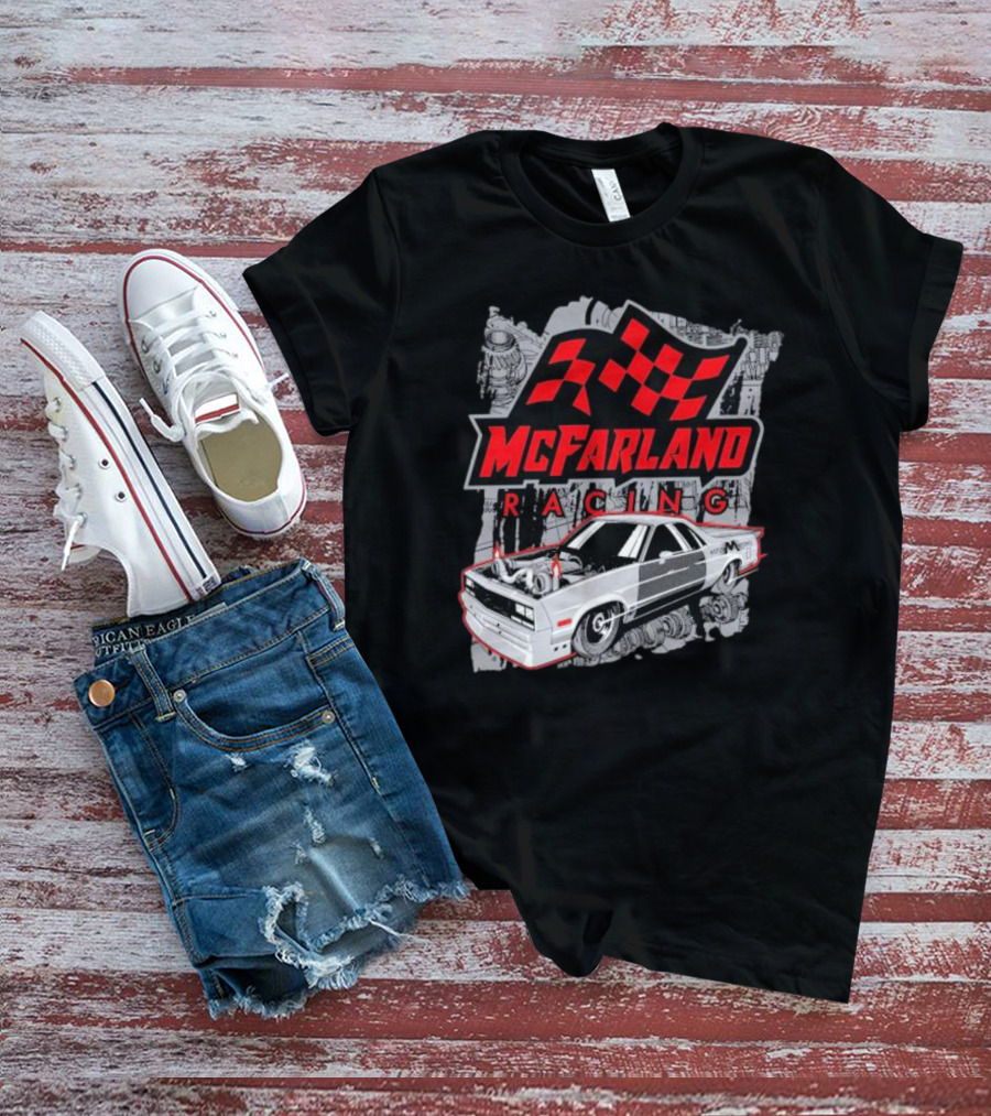McFarland Racing Cleetus Mullet Turbocharged Car And Checkered Flag T-Shirt