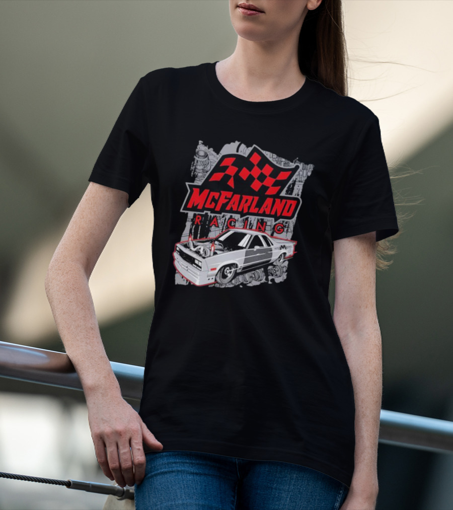 McFarland Racing Cleetus Mullet Turbocharged Car And Checkered Flag T-Shirt