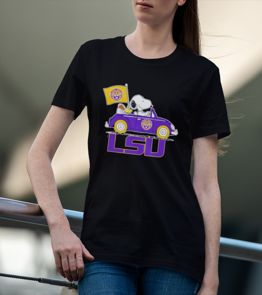 Snoopy And Woodstock Driving Purple LSU Car With Flag T-Shirt