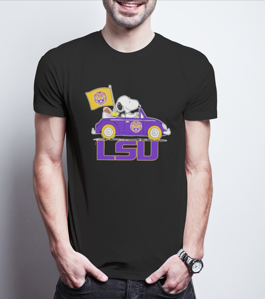 Snoopy And Woodstock Driving Purple LSU Car With Flag T-Shirt