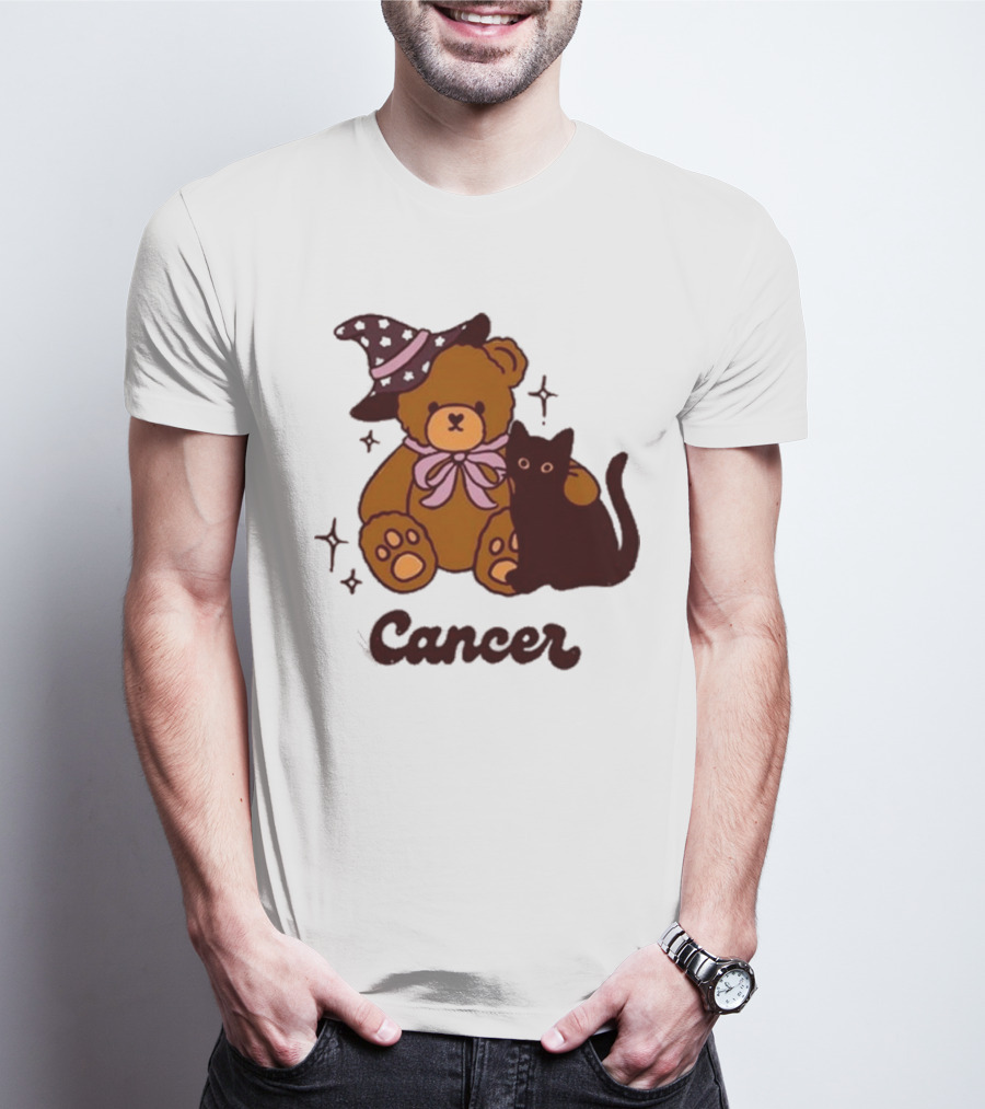 Cancer Teddy Bear With Witch Hat And Black Cat T-Shirt