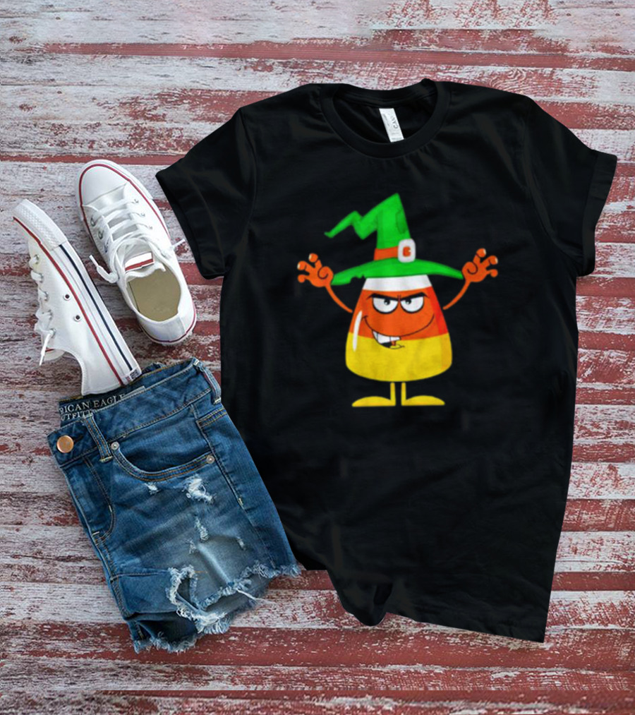 Candy Corn Witch Halloween Character With Green Hat T-Shirt