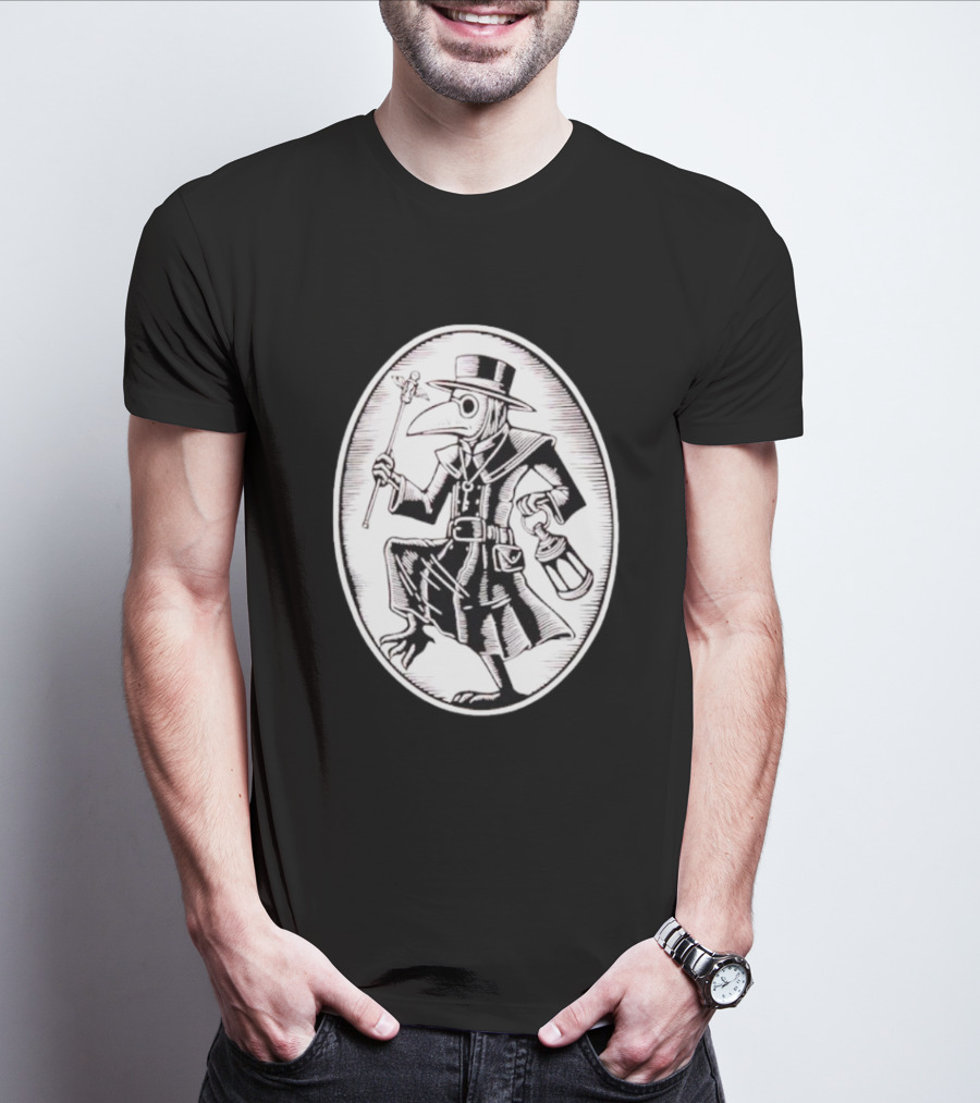 Plague Doctor In Oval Frame With Lantern And Staff T-Shirt