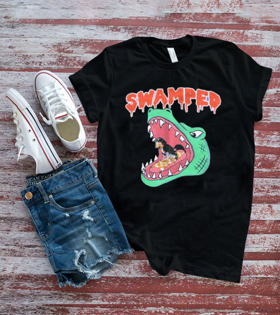 Swamped Alligator Cartoon With Small Dog In Mouth T-Shirt