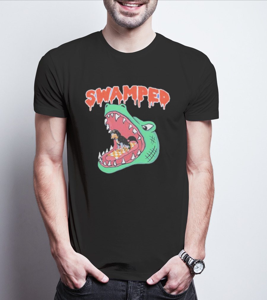 Swamped Alligator Cartoon With Small Dog In Mouth T-Shirt