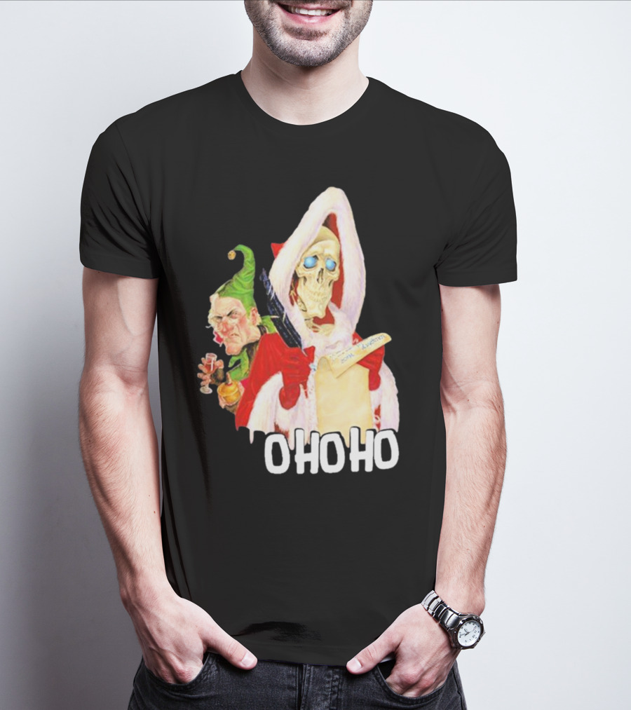 Death With Albert Skeleton Santa And Grumpy Elf Ho Ho Ho T-Shirt