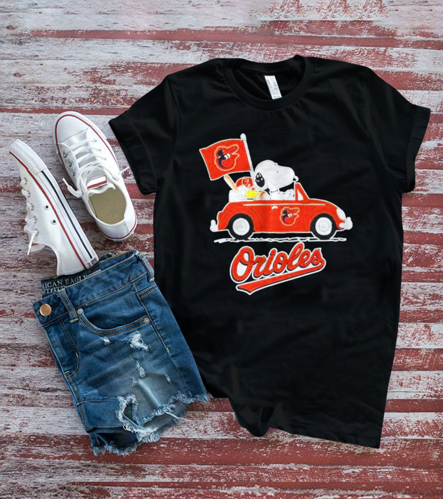 Snoopy Driving Red Car With Baltimore Orioles Flag And Orioles Text T-Shirt