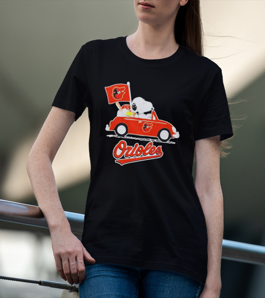 Snoopy Driving Red Car With Baltimore Orioles Flag And Orioles Text T-Shirt