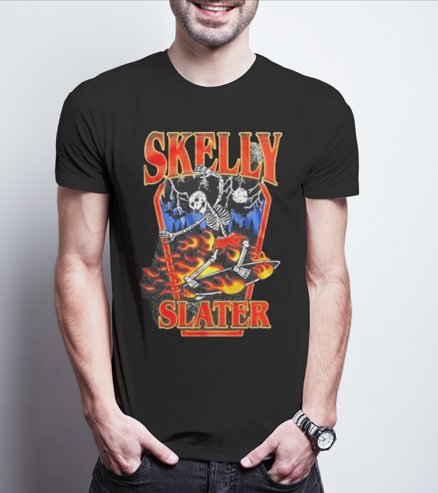 Skelly Slater Skeleton Skateboarding With Flames And Coffin Background T-Shirt