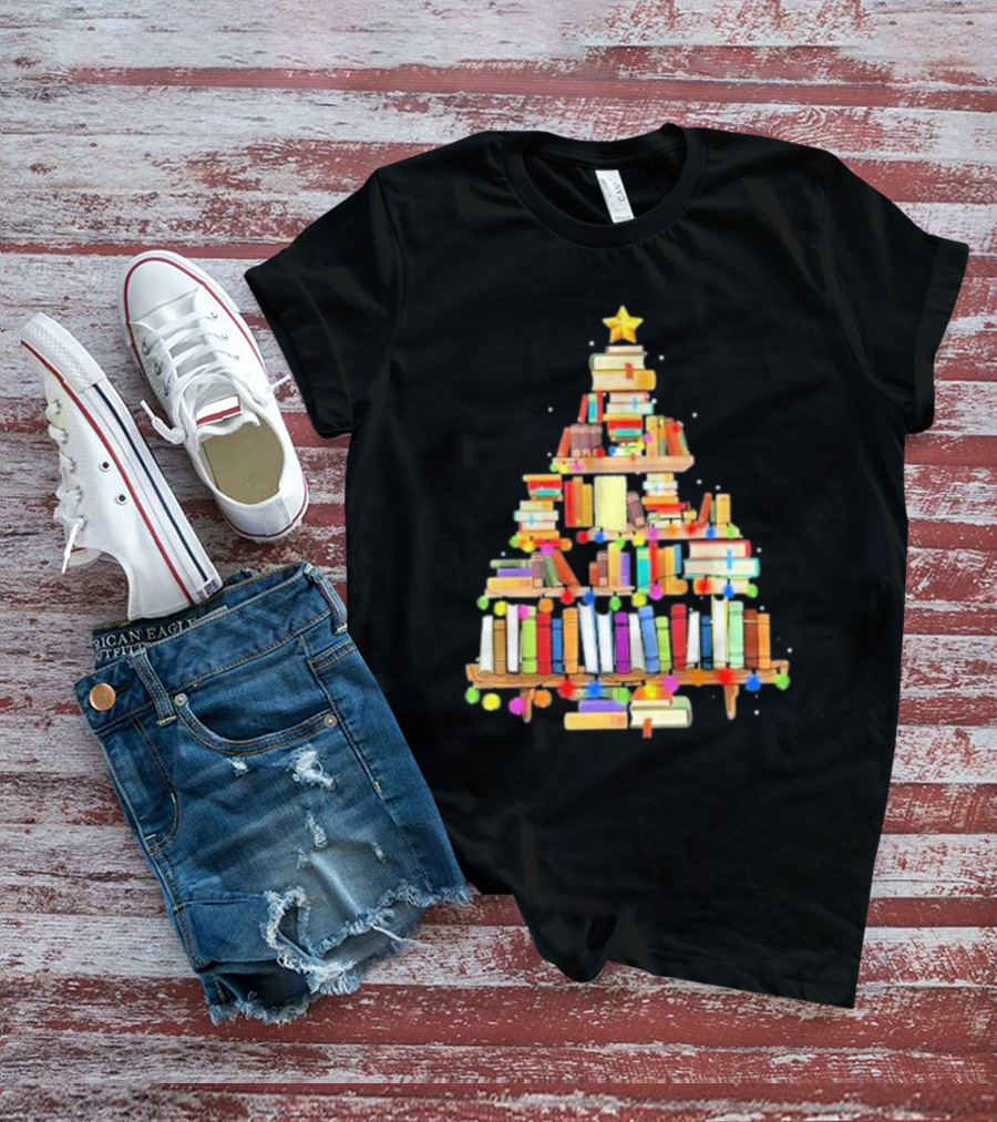 Christmas Tree Made Of Stacked Colorful Books With Star And Lights T-Shirt