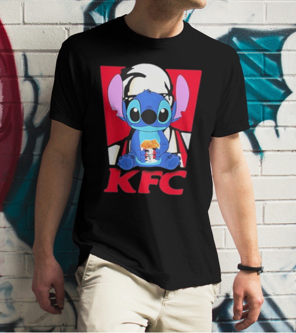 Stitch Eating KFC With Logo Background T-Shirt