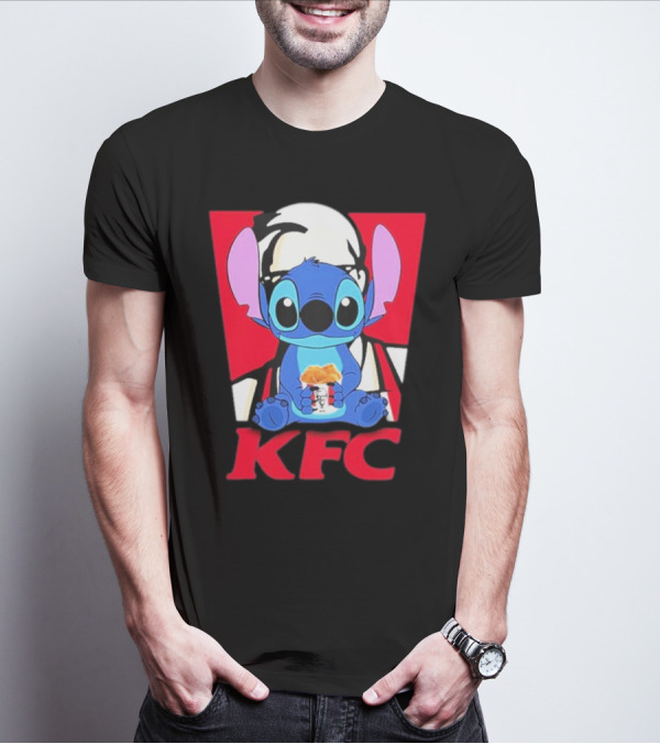 Stitch Eating KFC With Logo Background T-Shirt