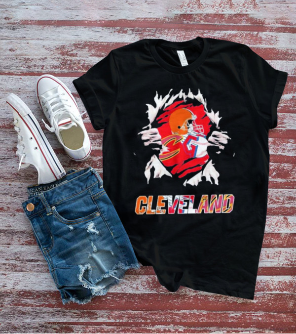 Cleveland Football Helmet And Jersey Inside Torn T-Shirt