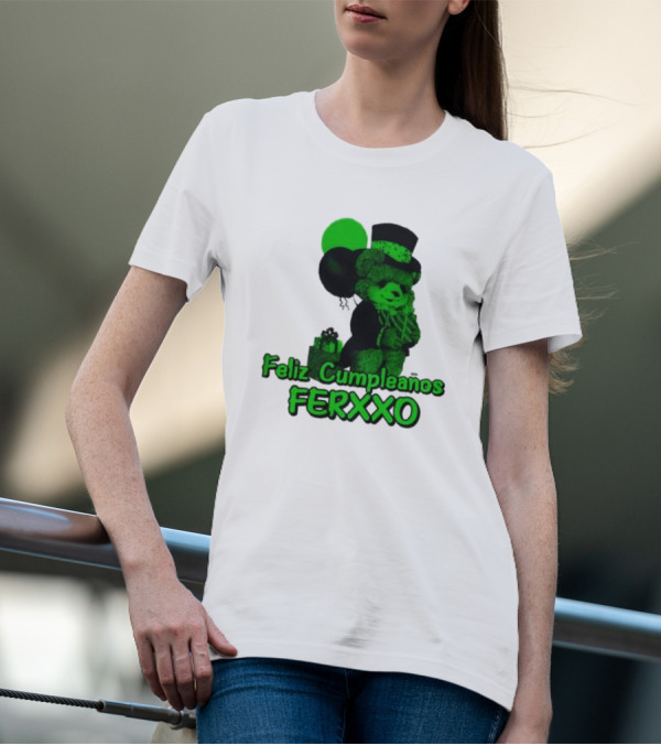 Feliz Cumpleaños Ferxxo Teddy Bear Green Balloons Black Top Hat T-Shirt