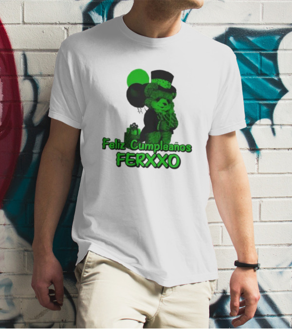 Feliz Cumpleaños Ferxxo Teddy Bear Green Balloons Black Top Hat T-Shirt